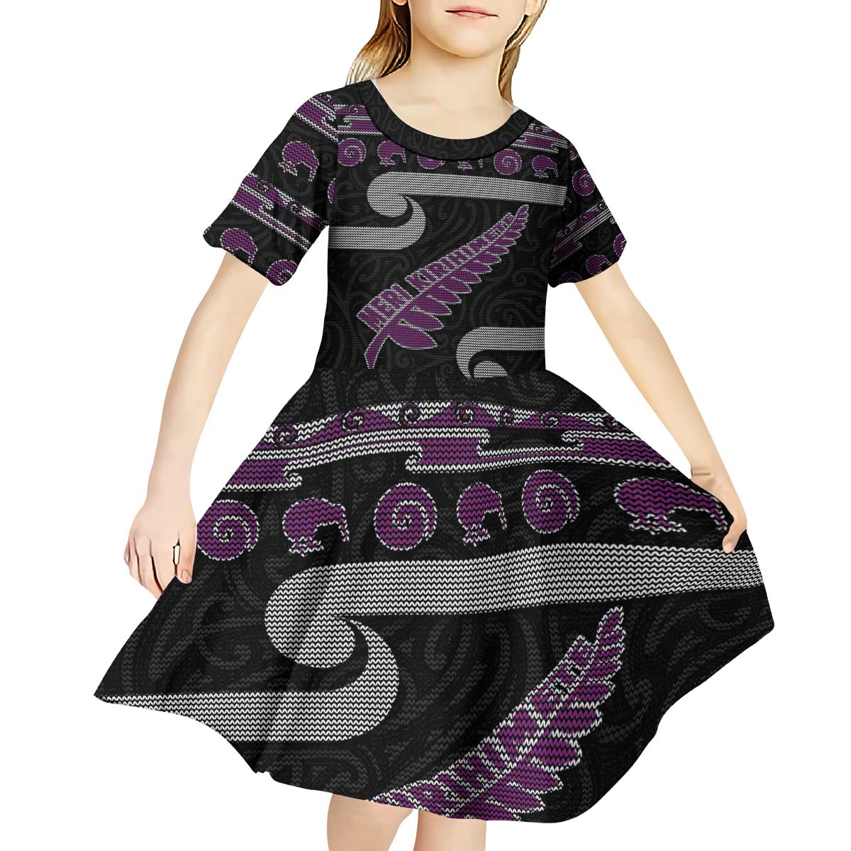 New Zealand Christmas Kid Short Sleeve Dress Meri Kirihimete Silver Fern Knit Style Purple Color LT03 - Polynesian Pride