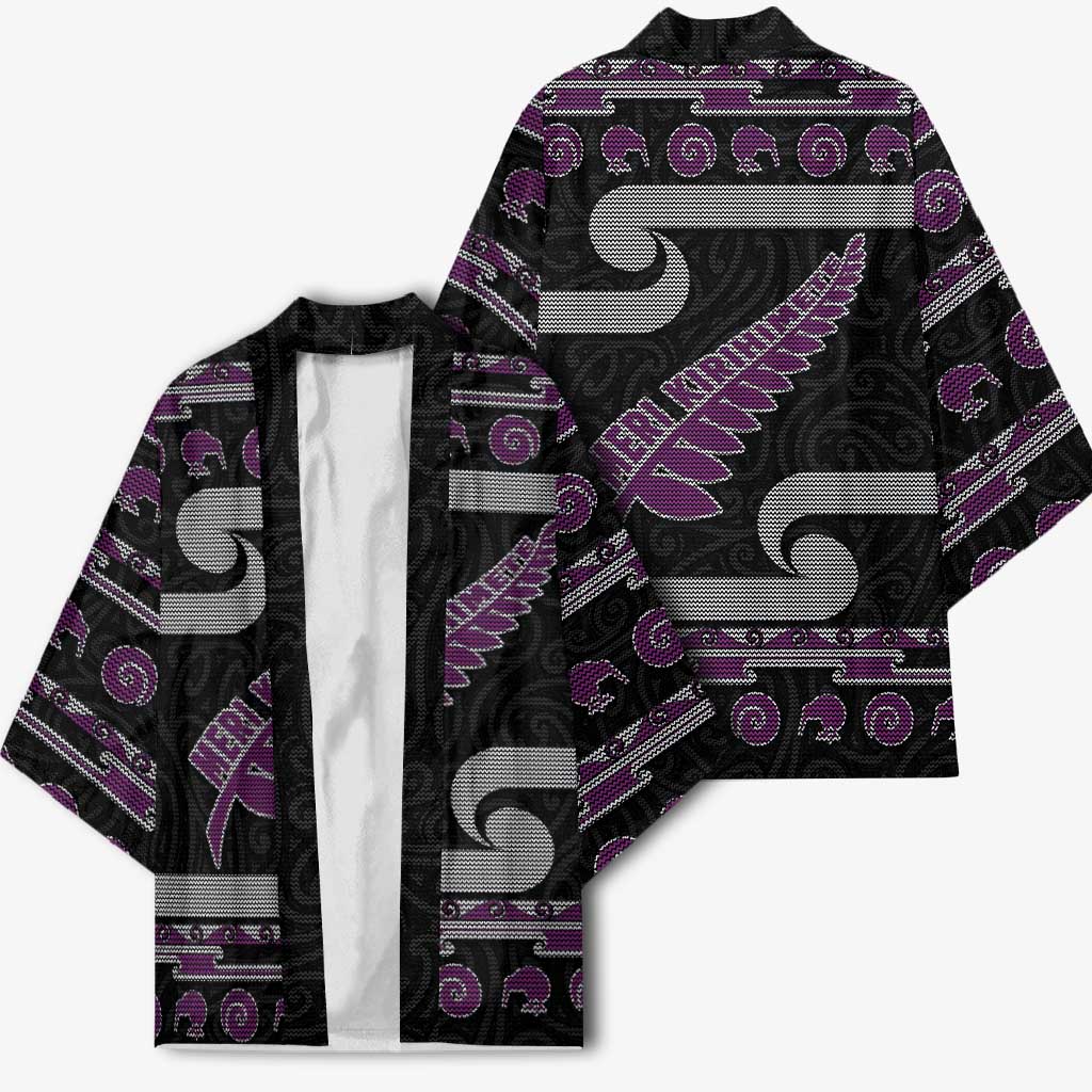 New Zealand Christmas Kimono Meri Kirihimete Silver Fern Knit Style Purple Color LT03 - Polynesian Pride