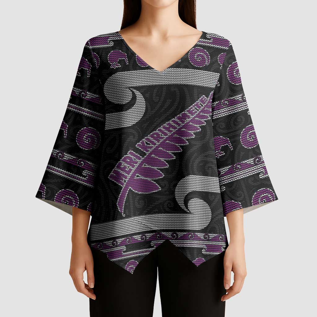 New Zealand Christmas Kimono Sleeve Blouse Meri Kirihimete Silver Fern Knit Style Purple Color LT03 - Polynesian Pride