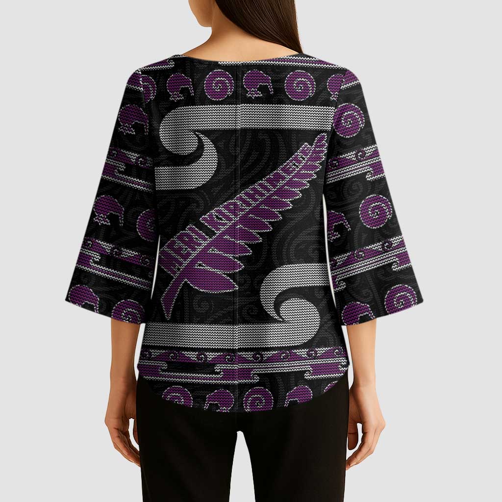 New Zealand Christmas Kimono Sleeve Blouse Meri Kirihimete Silver Fern Knit Style Purple Color LT03 - Polynesian Pride