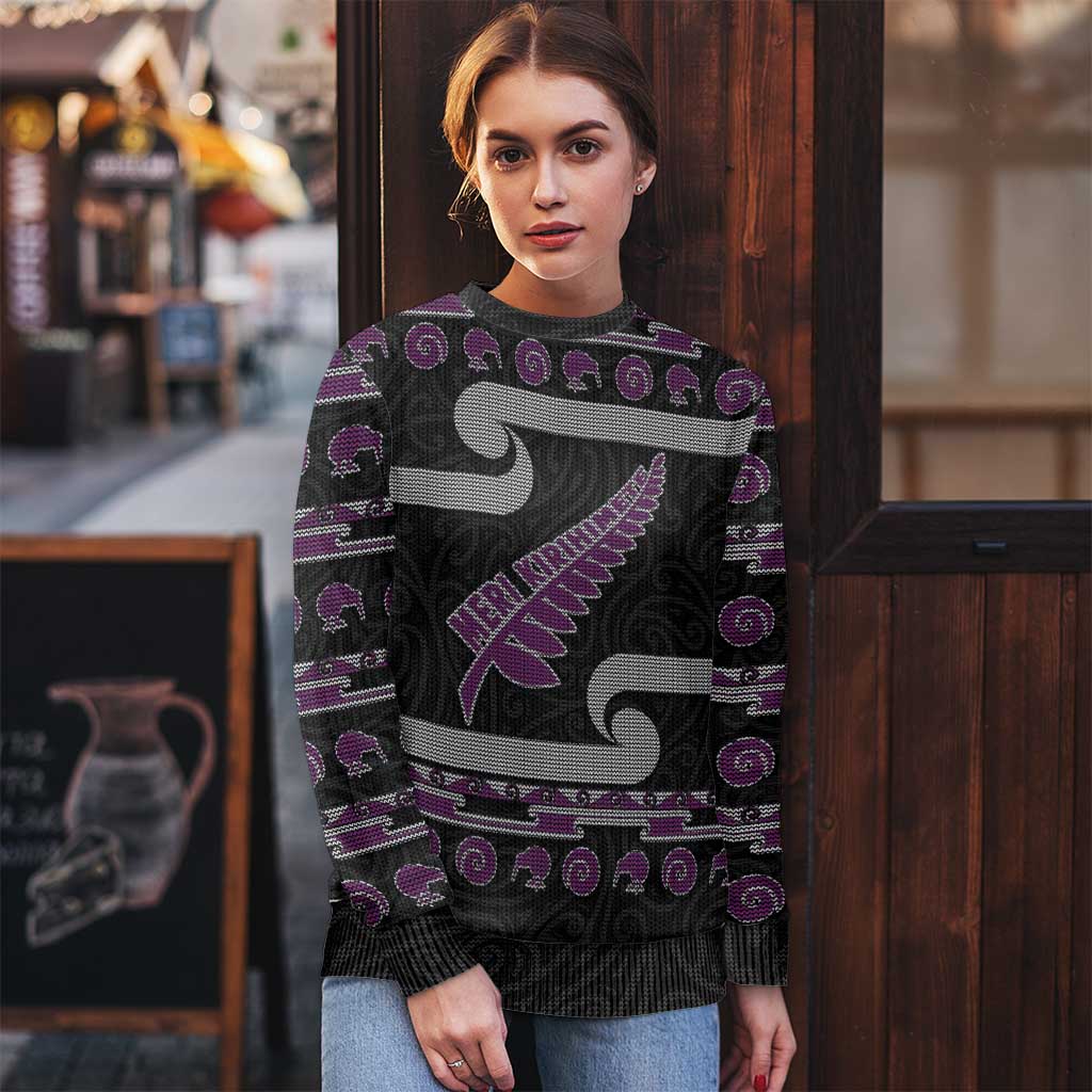 New Zealand Christmas Ugly Christmas Sweater Meri Kirihimete Silver Fern Knit Style Purple Color LT03 - Polynesian Pride
