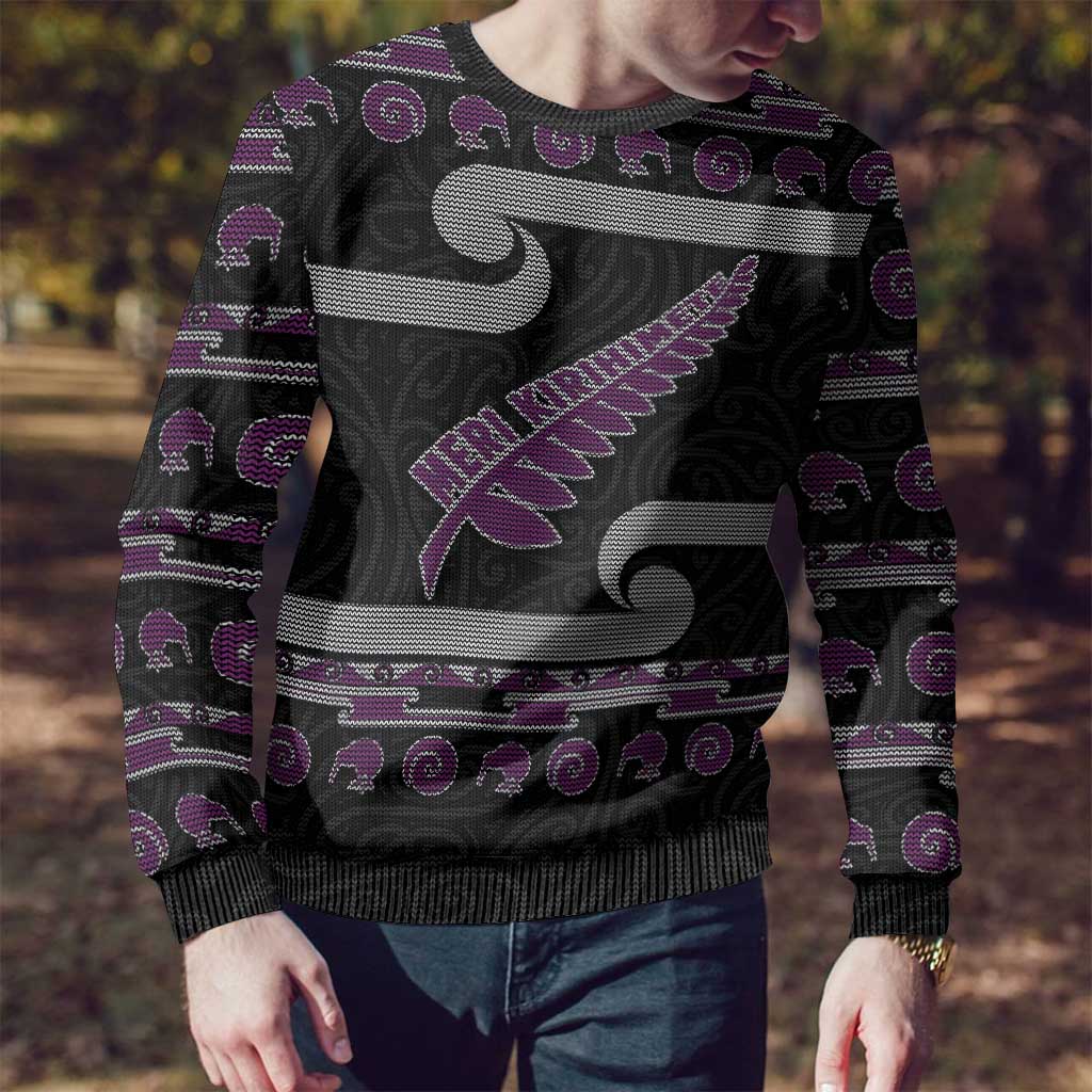 New Zealand Christmas Ugly Christmas Sweater Meri Kirihimete Silver Fern Knit Style Purple Color LT03 - Polynesian Pride