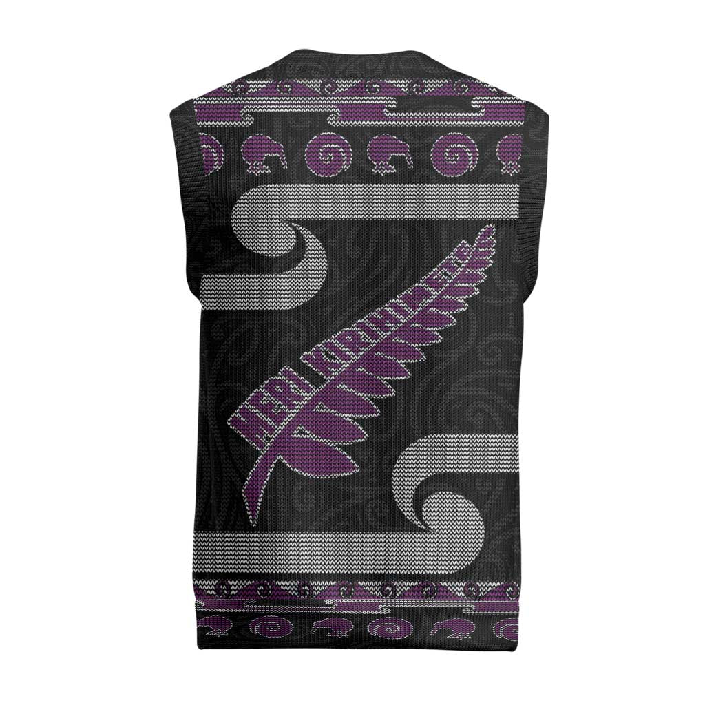 New Zealand Christmas Knitted V-Neck Vest Meri Kirihimete Silver Fern Knit Style Purple Color LT03 - Polynesian Pride