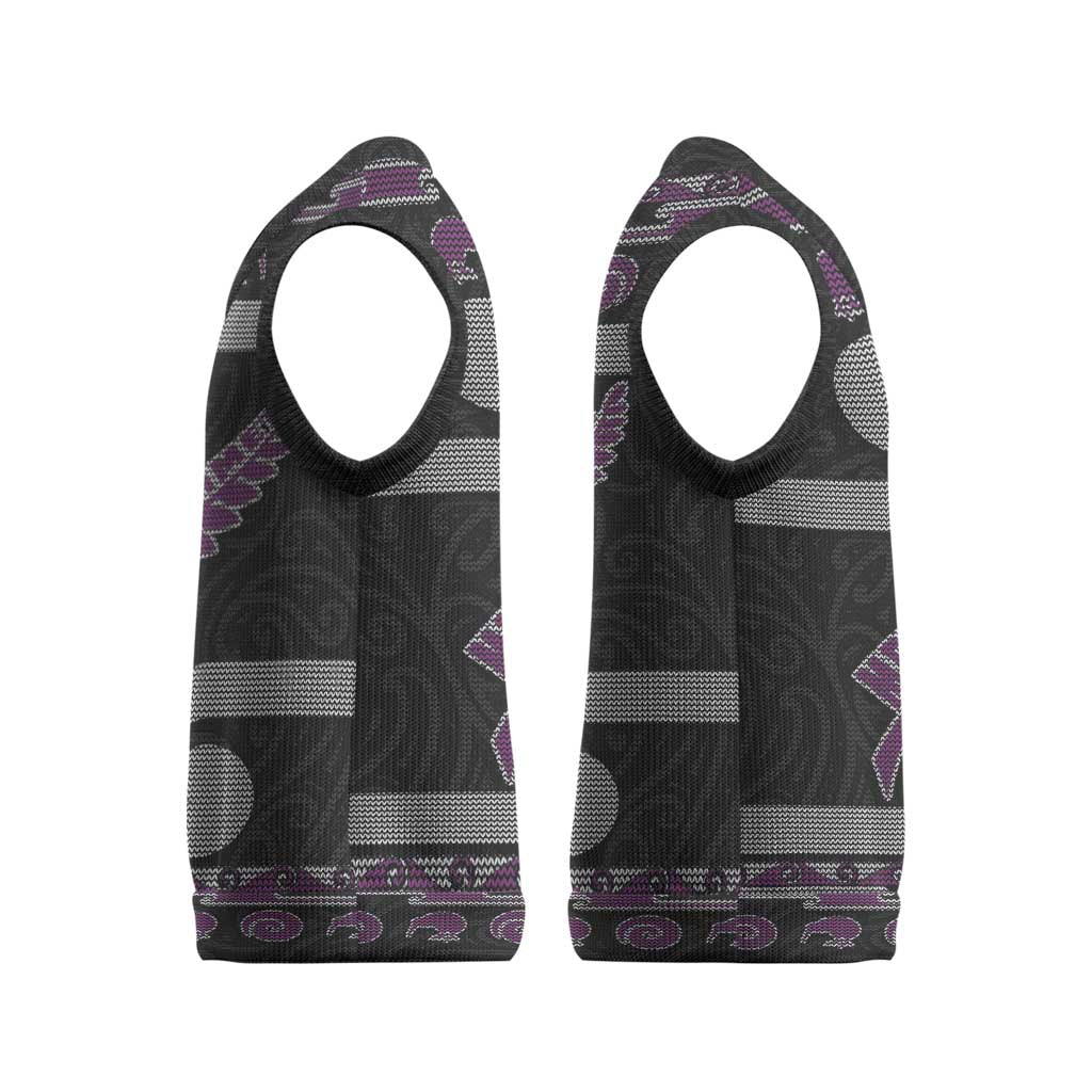 New Zealand Christmas Knitted V-Neck Vest Meri Kirihimete Silver Fern Knit Style Purple Color LT03 - Polynesian Pride