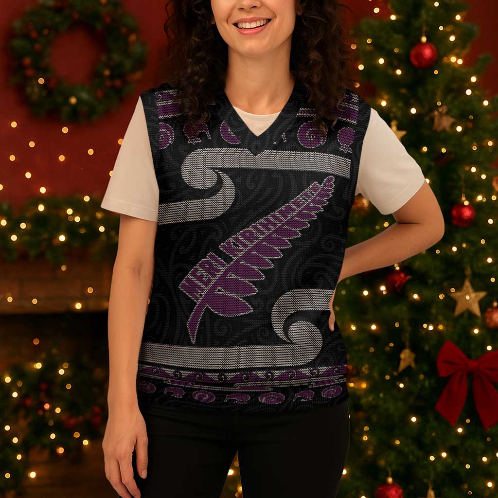 New Zealand Christmas Knitted V-Neck Vest Meri Kirihimete Silver Fern Knit Style Purple Color LT03 - Polynesian Pride