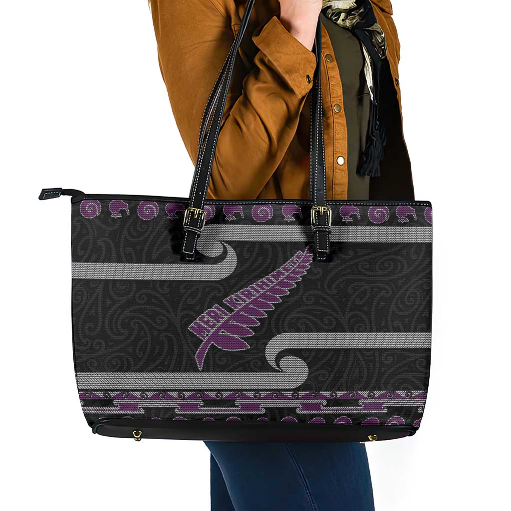 New Zealand Christmas Leather Tote Bag Meri Kirihimete Silver Fern Knit Style Purple Color LT03 - Polynesian Pride