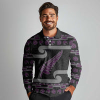 New Zealand Christmas Long Sleeve Polo Shirt Meri Kirihimete Silver Fern Knit Style Purple Color - Polynesian Pride
