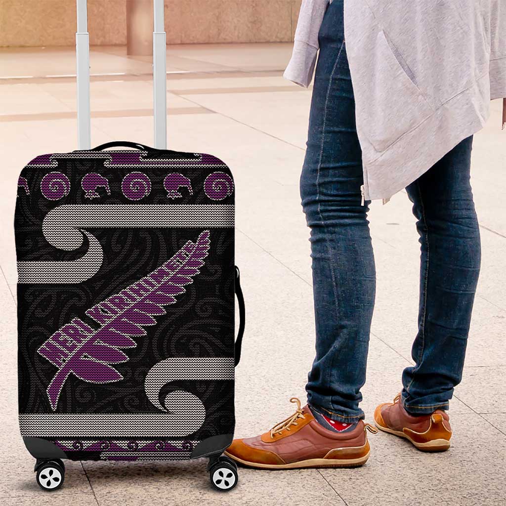 New Zealand Christmas Luggage Cover Meri Kirihimete Silver Fern Knit Style Purple Color LT03 Purple - Polynesian Pride