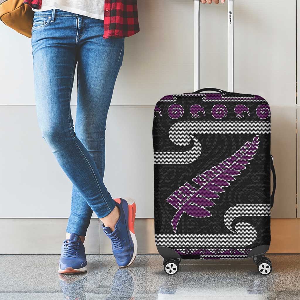 New Zealand Christmas Luggage Cover Meri Kirihimete Silver Fern Knit Style Purple Color LT03 - Polynesian Pride