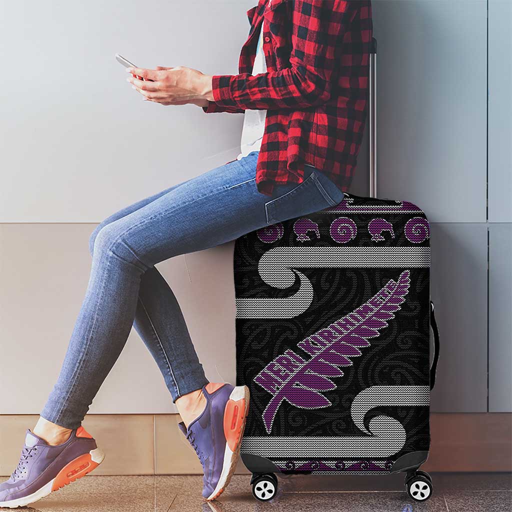 New Zealand Christmas Luggage Cover Meri Kirihimete Silver Fern Knit Style Purple Color LT03 - Polynesian Pride