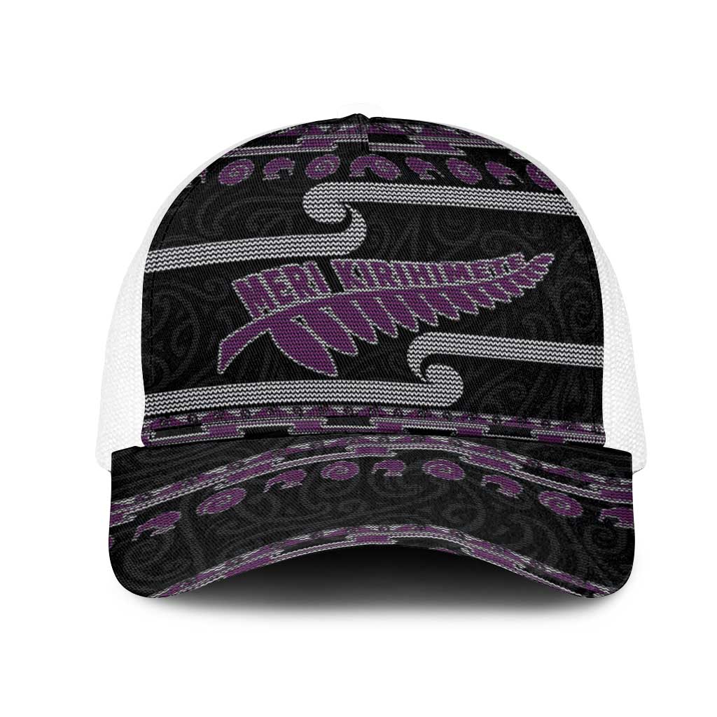 New Zealand Christmas Mesh Trucker Cap Meri Kirihimete Silver Fern Knit Style Purple Color LT03 One Size White Purple - Polynesian Pride