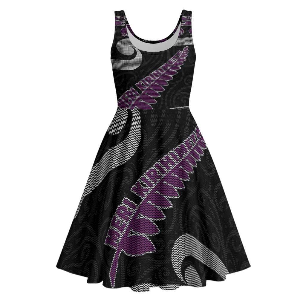 New Zealand Christmas Midi Dress Meri Kirihimete Silver Fern Knit Style Purple Color - Polynesian Pride