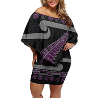 New Zealand Christmas Off Shoulder Short Dress Meri Kirihimete Silver Fern Knit Style Purple Color LT03 Women Purple - Polynesian Pride