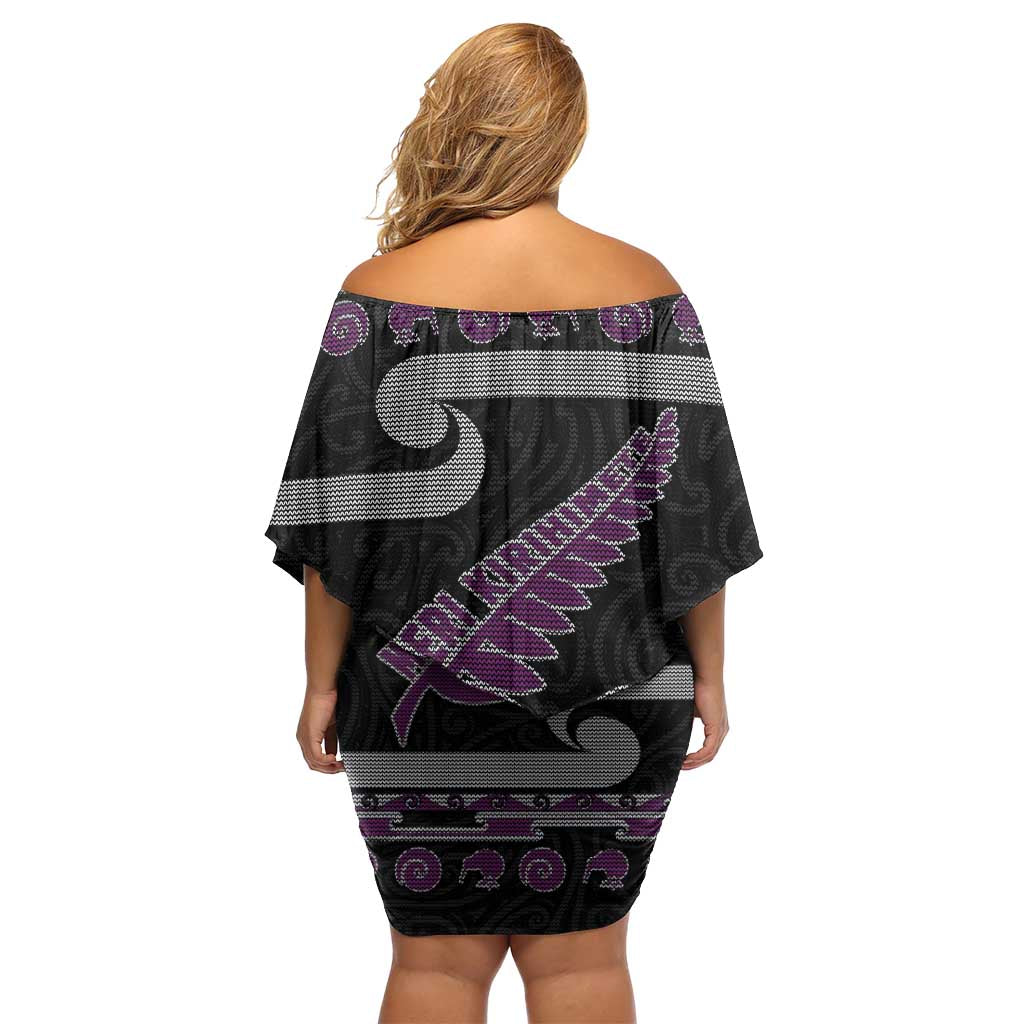 New Zealand Christmas Off Shoulder Short Dress Meri Kirihimete Silver Fern Knit Style Purple Color LT03 - Polynesian Pride