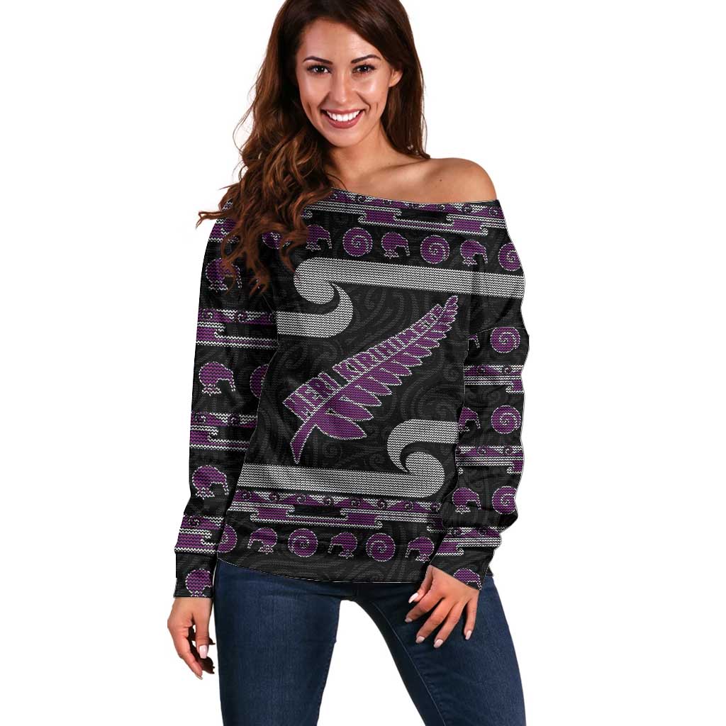 New Zealand Christmas Off Shoulder Sweater Meri Kirihimete Silver Fern Knit Style Purple Color LT03 Women Purple - Polynesian Pride