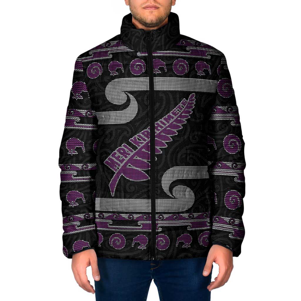 New Zealand Christmas Padded Jacket Meri Kirihimete Silver Fern Knit Style Purple Color - Polynesian Pride
