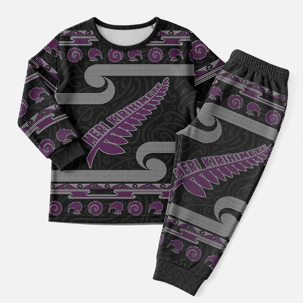 New Zealand Christmas Pajama Set Meri Kirihimete Silver Fern Knit Style Purple Color LT03 Men Purple - Polynesian Pride