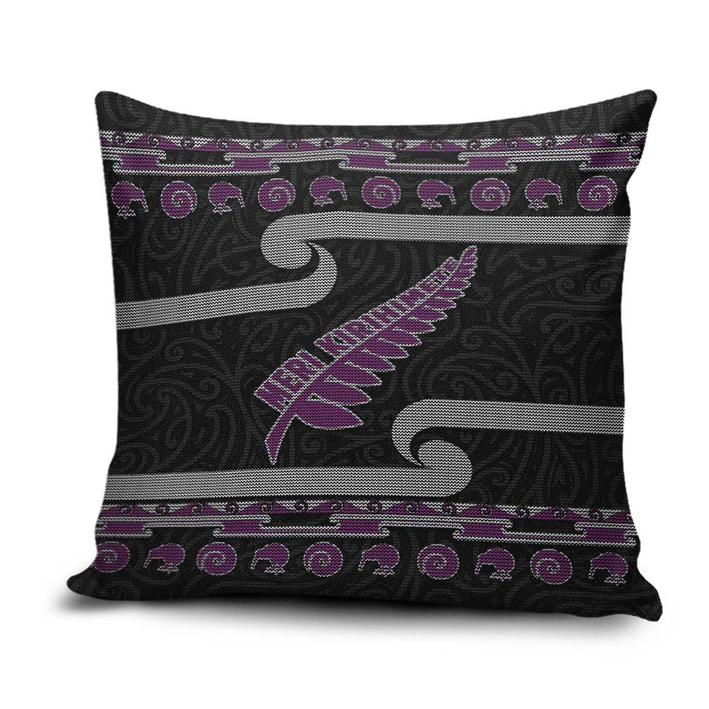 New Zealand Christmas Pillow Cover Meri Kirihimete Silver Fern Knit Style Purple Color LT03 Purple - Polynesian Pride