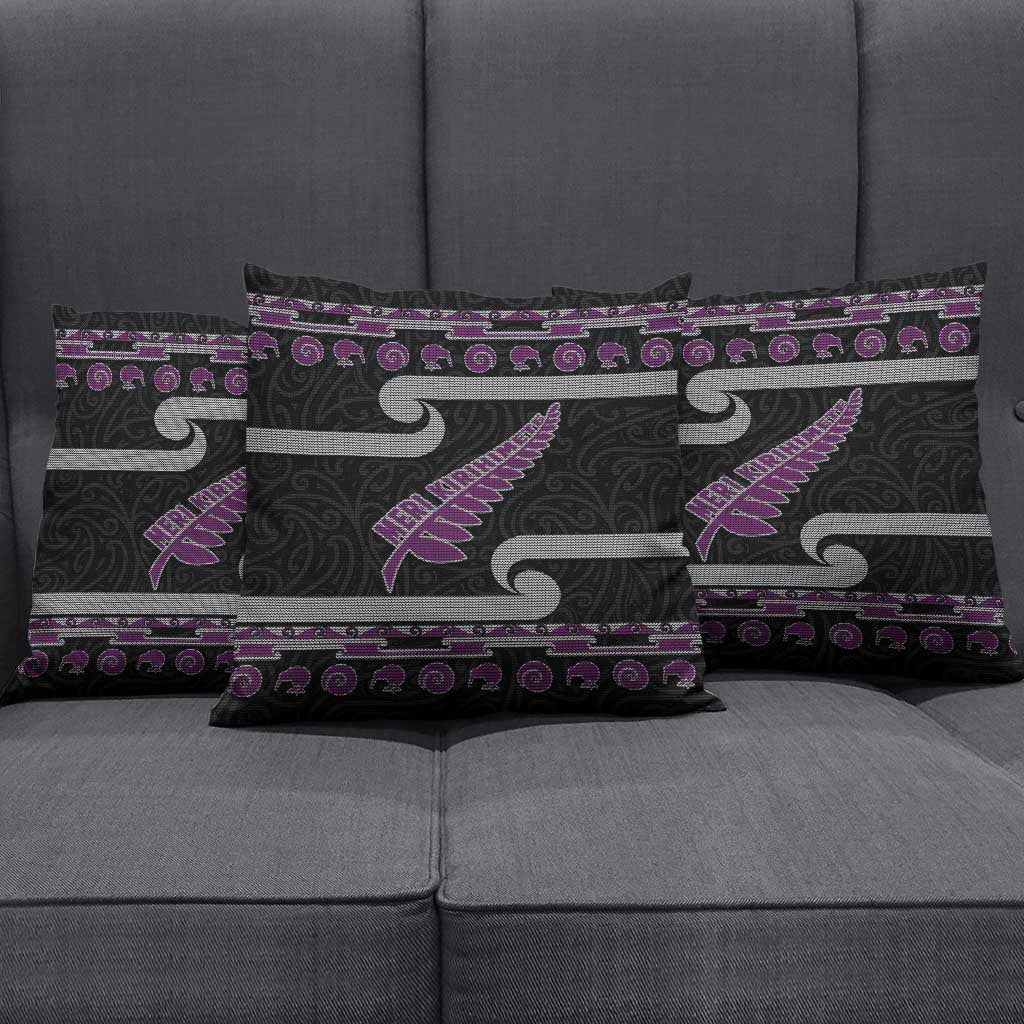 New Zealand Christmas Pillow Cover Meri Kirihimete Silver Fern Knit Style Purple Color LT03 - Polynesian Pride