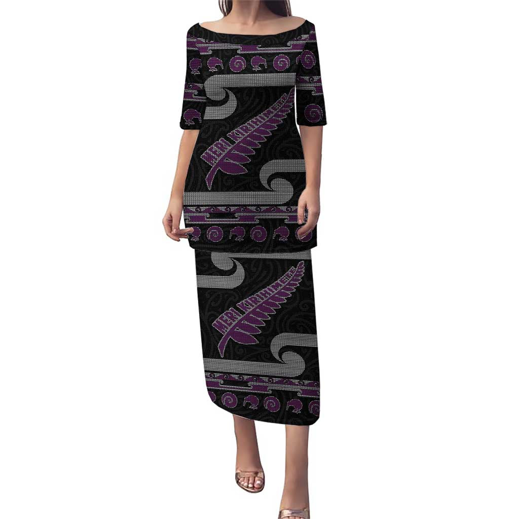 New Zealand Christmas Puletasi Meri Kirihimete Silver Fern Knit Style Purple Color LT03 Long Dress Purple - Polynesian Pride