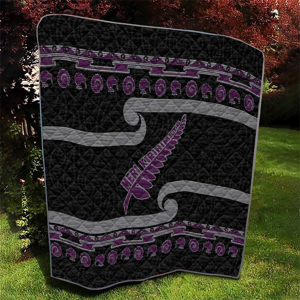New Zealand Christmas Quilt Meri Kirihimete Silver Fern Knit Style Purple Color - Polynesian Pride