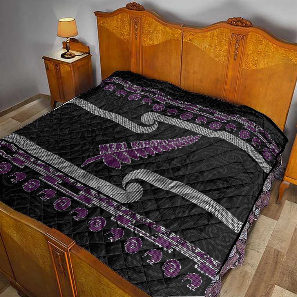 New Zealand Christmas Quilt Meri Kirihimete Silver Fern Knit Style Purple Color - Polynesian Pride