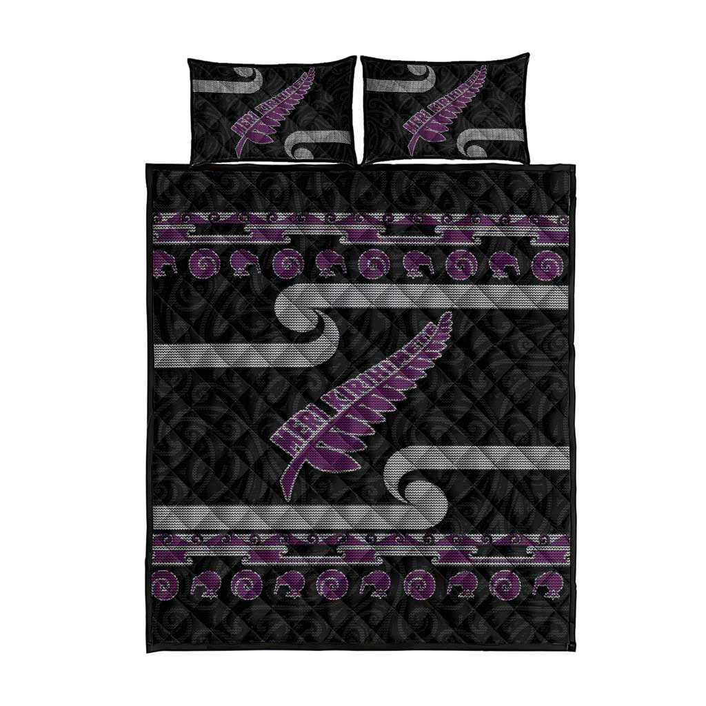 New Zealand Christmas Quilt Bed Set Meri Kirihimete Silver Fern Knit Style Purple Color LT03 - Polynesian Pride