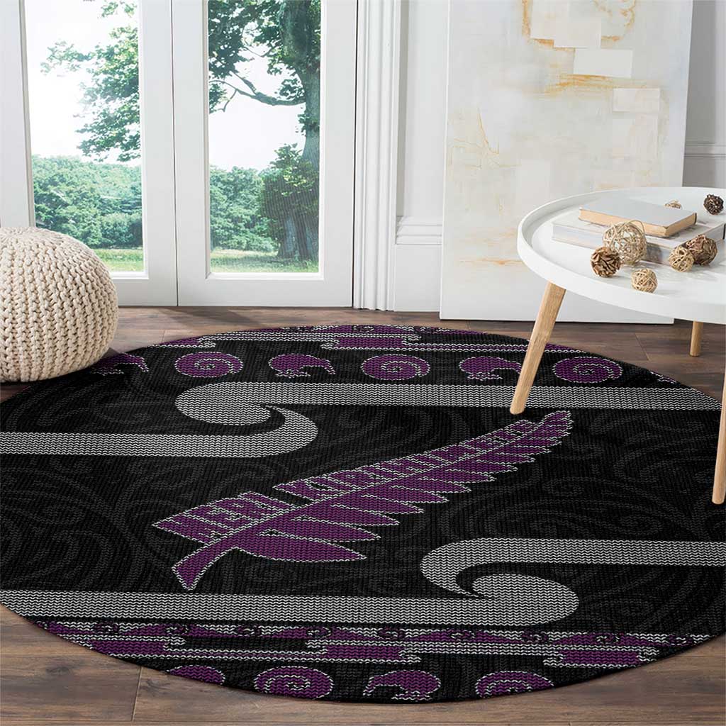 New Zealand Christmas Round Carpet Meri Kirihimete Silver Fern Knit Style Purple Color LT03 - Polynesian Pride
