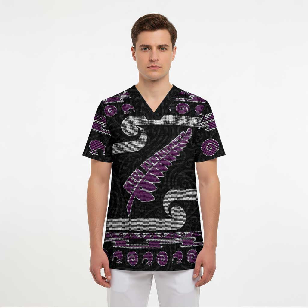 New Zealand Christmas Scrub Top Meri Kirihimete Silver Fern Knit Style Purple Color - Polynesian Pride