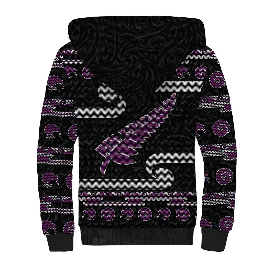 New Zealand Christmas Sherpa Hoodie Meri Kirihimete Silver Fern Knit Style Purple Color LT03 - Polynesian Pride
