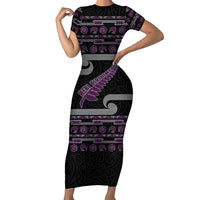 New Zealand Christmas Short Sleeve Bodycon Dress Meri Kirihimete Silver Fern Knit Style Purple Color LT03 Long Dress Purple - Polynesian Pride