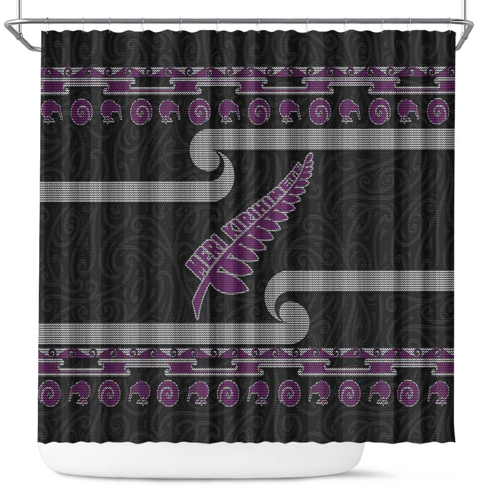 New Zealand Christmas Shower Curtain Meri Kirihimete Silver Fern Knit Style Purple Color LT03 Purple - Polynesian Pride