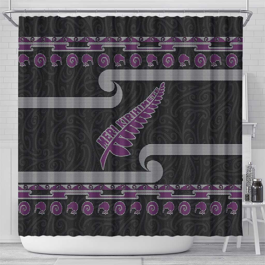 New Zealand Christmas Shower Curtain Meri Kirihimete Silver Fern Knit Style Purple Color LT03 - Polynesian Pride