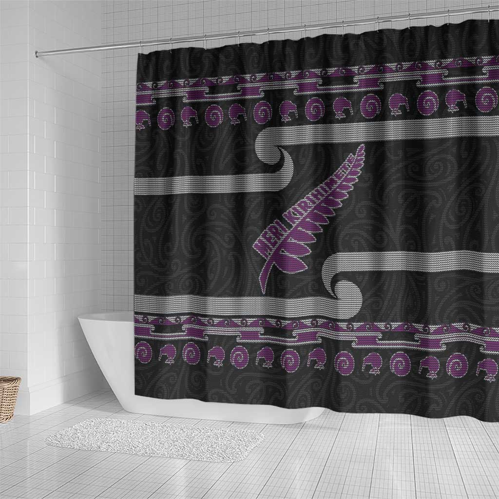 New Zealand Christmas Shower Curtain Meri Kirihimete Silver Fern Knit Style Purple Color LT03 - Polynesian Pride