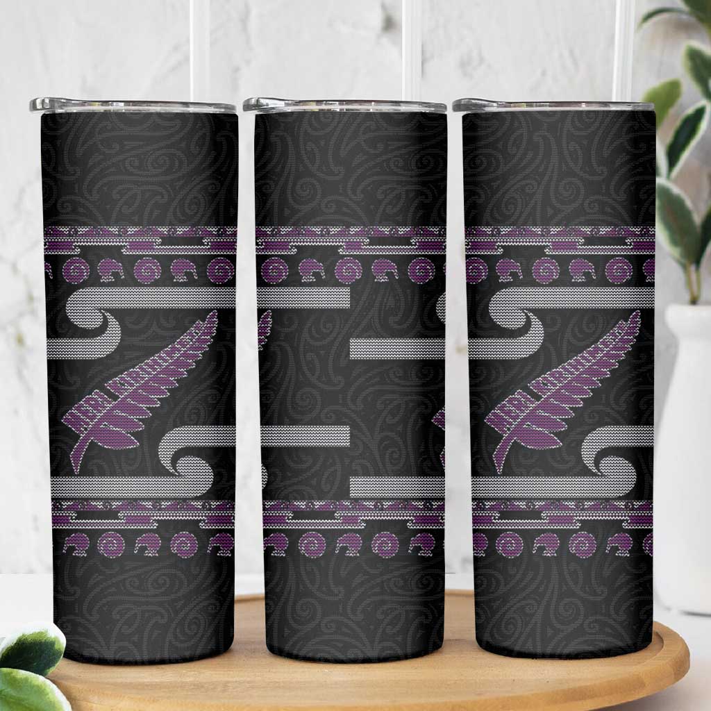 New Zealand Christmas Skinny Tumbler Meri Kirihimete Silver Fern Knit Style Purple Color LT03 - Polynesian Pride