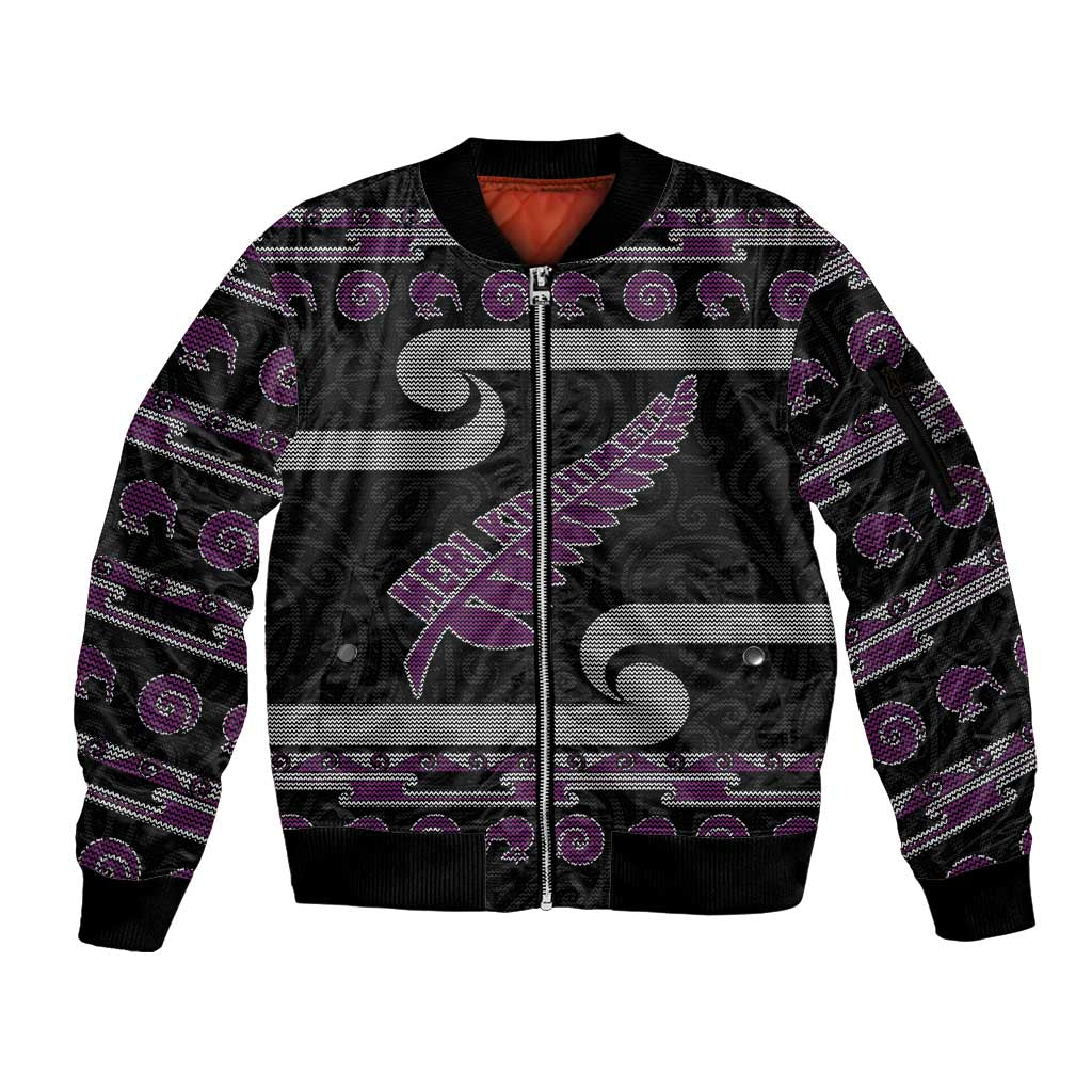 New Zealand Christmas Sleeve Zip Bomber Jacket Meri Kirihimete Silver Fern Knit Style Purple Color LT03 Unisex Purple - Polynesian Pride