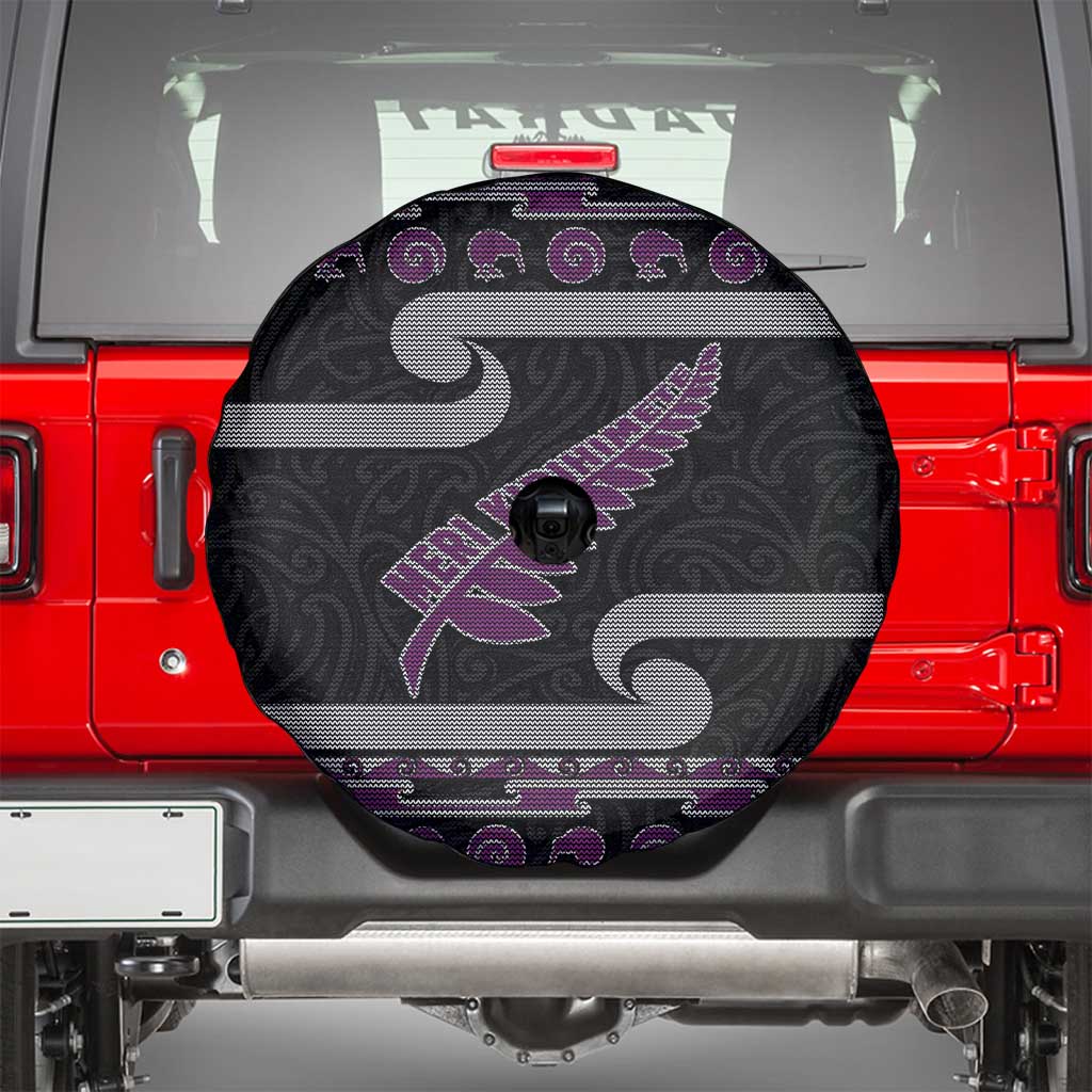 New Zealand Christmas Spare Tire Cover Meri Kirihimete Silver Fern Knit Style Purple Color LT03 - Polynesian Pride