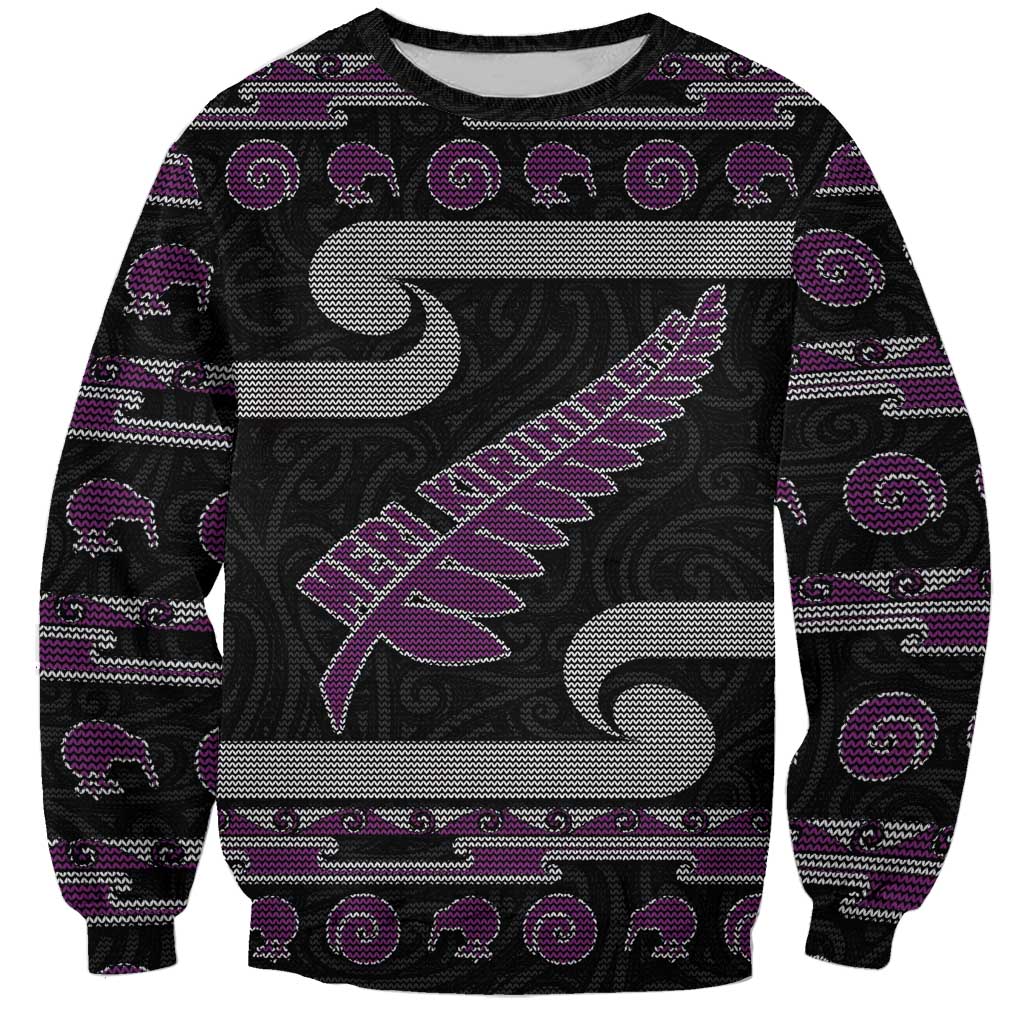 New Zealand Christmas Sweatshirt Meri Kirihimete Silver Fern Knit Style Purple Color - Polynesian Pride