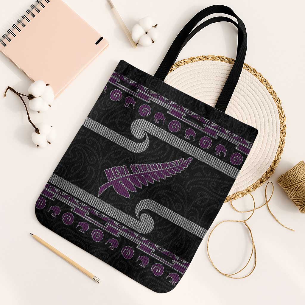 New Zealand Christmas Tote Bag Meri Kirihimete Silver Fern Knit Style Purple Color LT03 Black Strap One Size Purple - Polynesian Pride