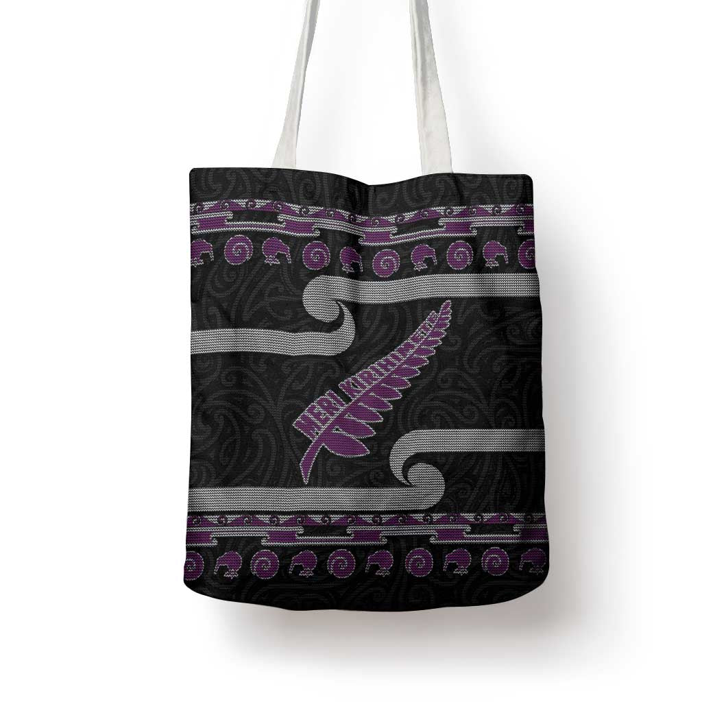 New Zealand Christmas Tote Bag Meri Kirihimete Silver Fern Knit Style Purple Color LT03 - Polynesian Pride