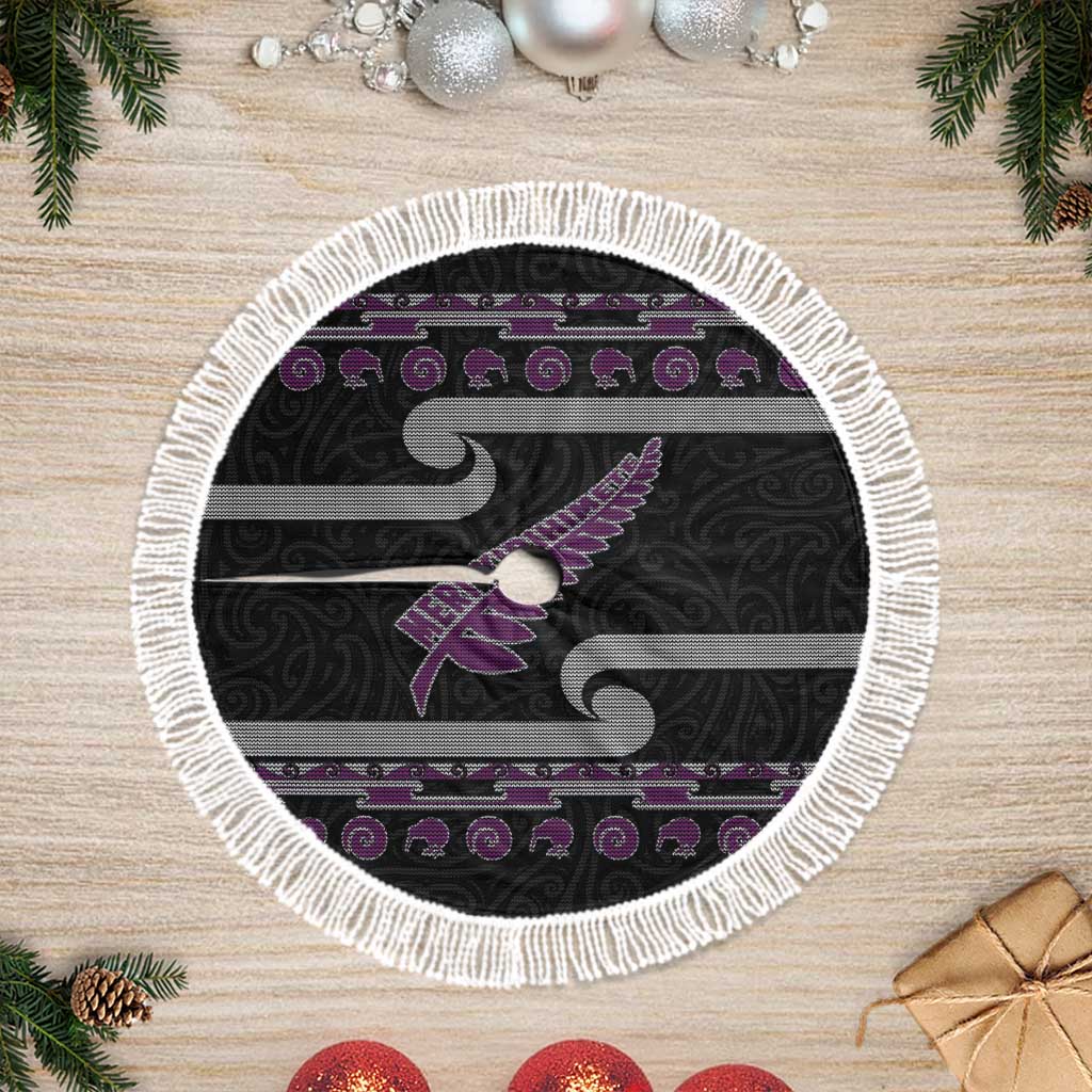 New Zealand Christmas Tree Skirt Meri Kirihimete Silver Fern Knit Style Purple Color LT03 Fringed Purple - Polynesian Pride