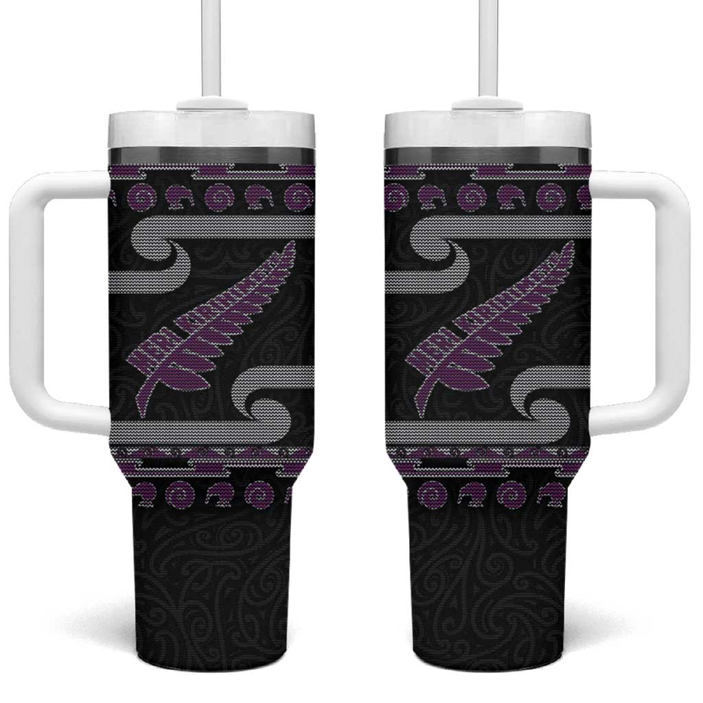 New Zealand Christmas Tumbler With Handle Meri Kirihimete Silver Fern Knit Style Purple Color LT03 One Size: 40 oz Purple - Polynesian Pride