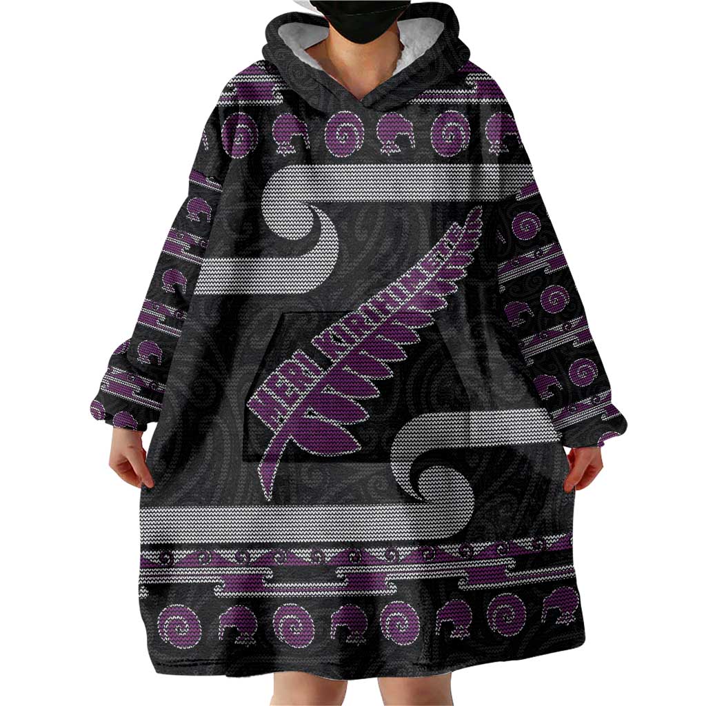 New Zealand Christmas Wearable Blanket Hoodie Meri Kirihimete Silver Fern Knit Style Purple Color LT03 - Polynesian Pride