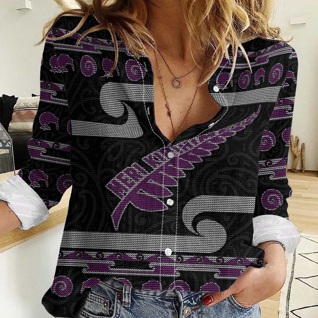 New Zealand Christmas Women Casual Shirt Meri Kirihimete Silver Fern Knit Style Purple Color LT03 Female Purple - Polynesian Pride