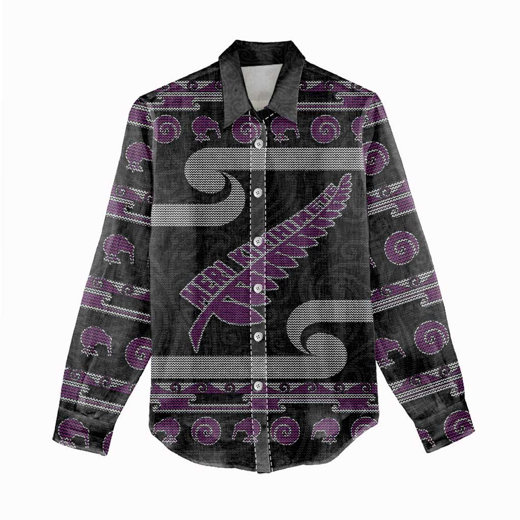 New Zealand Christmas Women Casual Shirt Meri Kirihimete Silver Fern Knit Style Purple Color LT03 - Polynesian Pride