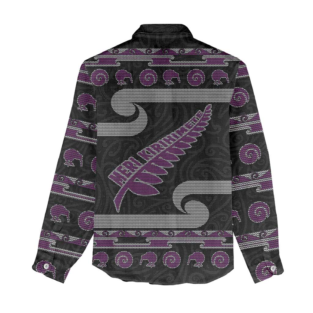 New Zealand Christmas Women Casual Shirt Meri Kirihimete Silver Fern Knit Style Purple Color LT03 - Polynesian Pride