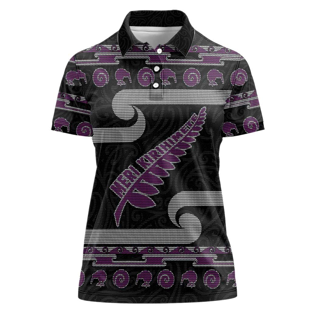 New Zealand Christmas Women Polo Shirt Meri Kirihimete Silver Fern Knit Style Purple Color LT03 Female Purple - Polynesian Pride