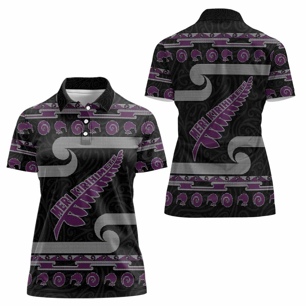 New Zealand Christmas Women Polo Shirt Meri Kirihimete Silver Fern Knit Style Purple Color LT03 - Polynesian Pride
