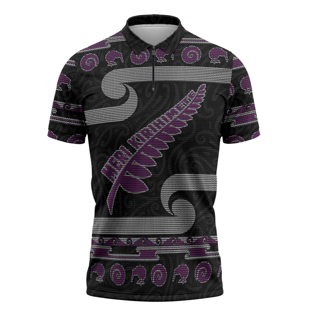 New Zealand Christmas Zipper Polo Shirt Meri Kirihimete Silver Fern Knit Style Purple Color - Polynesian Pride