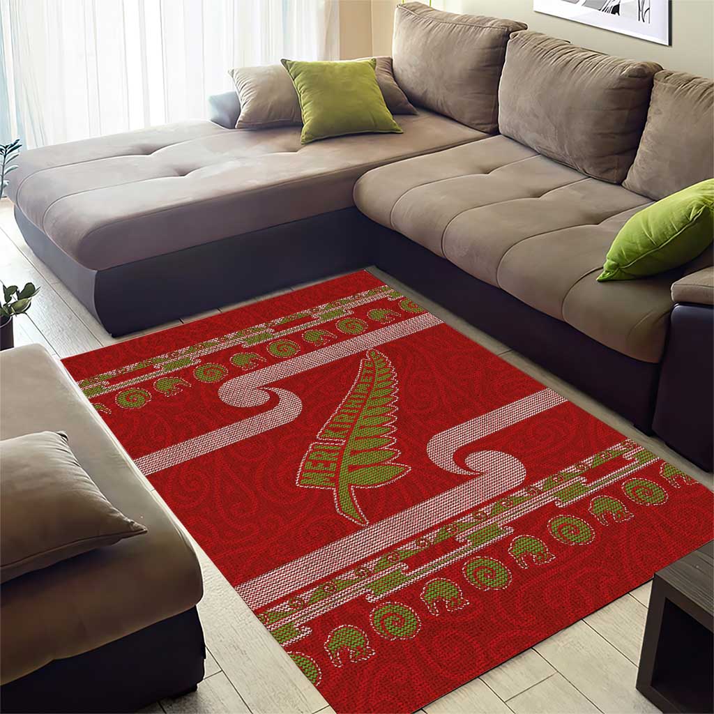 New Zealand Christmas Area Rug Meri Kirihimete Silver Fern Knit Style Green Color LT03 - Polynesian Pride